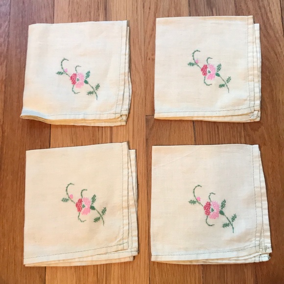 Pink Ballerinas Set of Four Vintage Linen Embroidered Napkins
